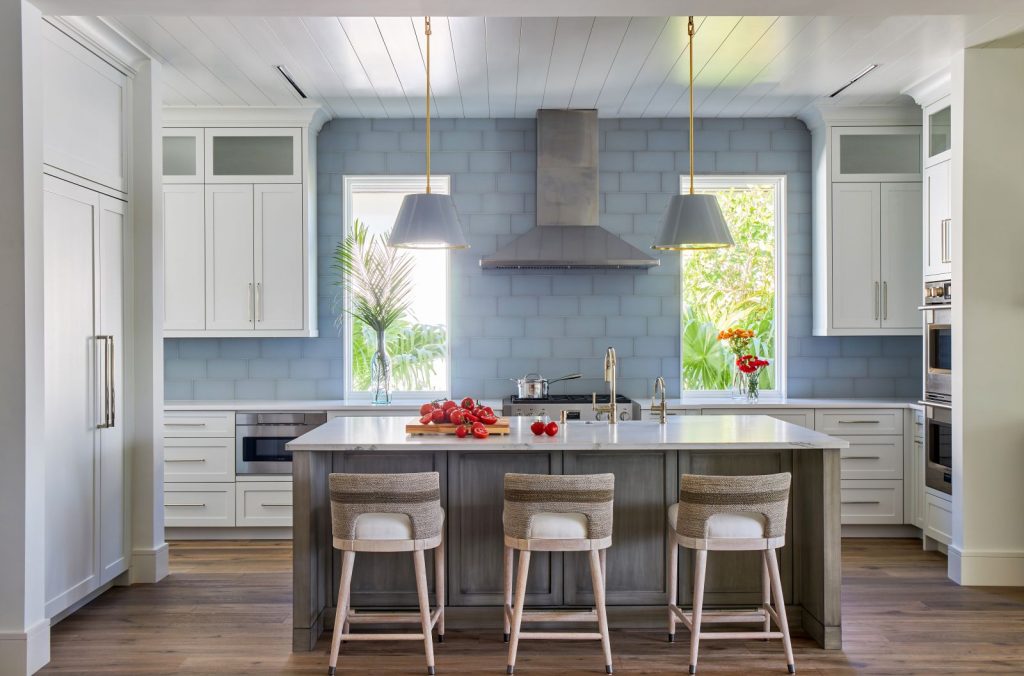 Custom kitchen Naples Florida classic white cabinet blue tile backsplash